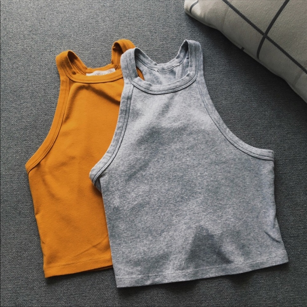 Set of Gray and Mustard Cropped Halter Tops